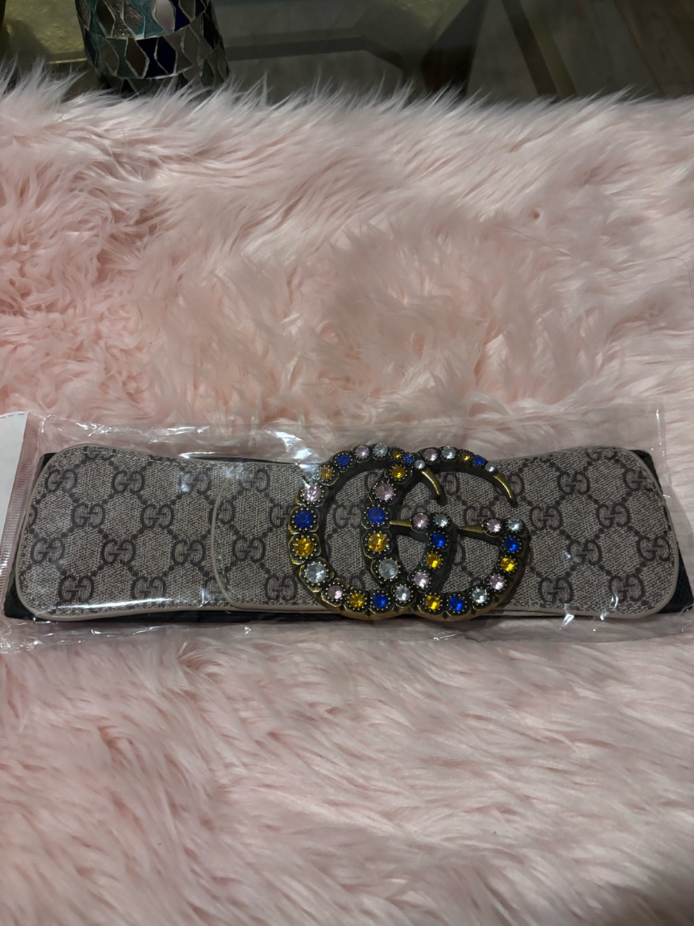 Source Unknown Beige Monogram Elastic Belt with Jeweled Double G Buckle